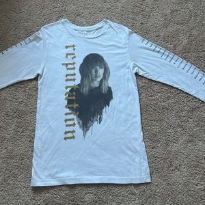 White Long Sleeve Graphic Tee with Gold 'Reputation' Print